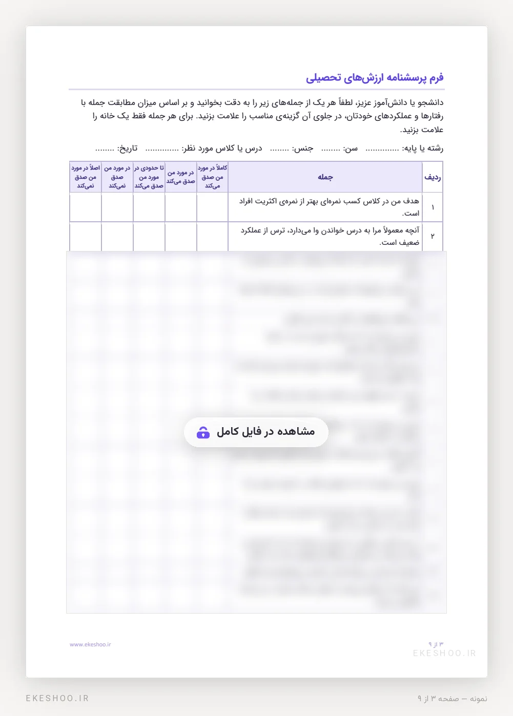 فرم ۲۴ گویه‌ای پنج‌درجه‌ای با دستورالعمل پاسخ‌دهنده در پرسشنامه ارزش‌های تحصیلی