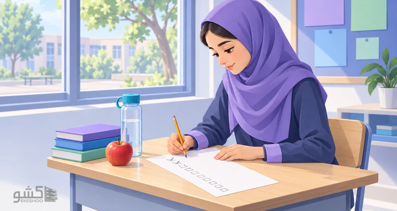 دانش‌آموز دختری پشت میز کلاس فرم نیازهای سلامت دختران نوجوان را علامت می‌زند