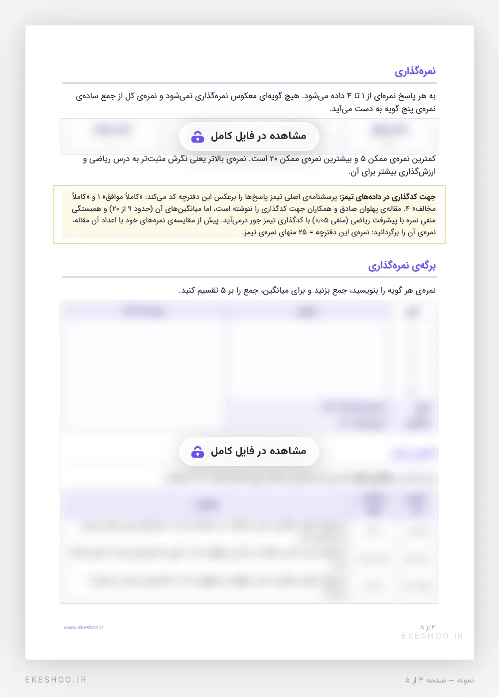 نمره‌گذاری، یادداشت کدگذاری تیمز، برگه‌ی نمره و تفسیر پرسشنامه نگرش به ریاضی