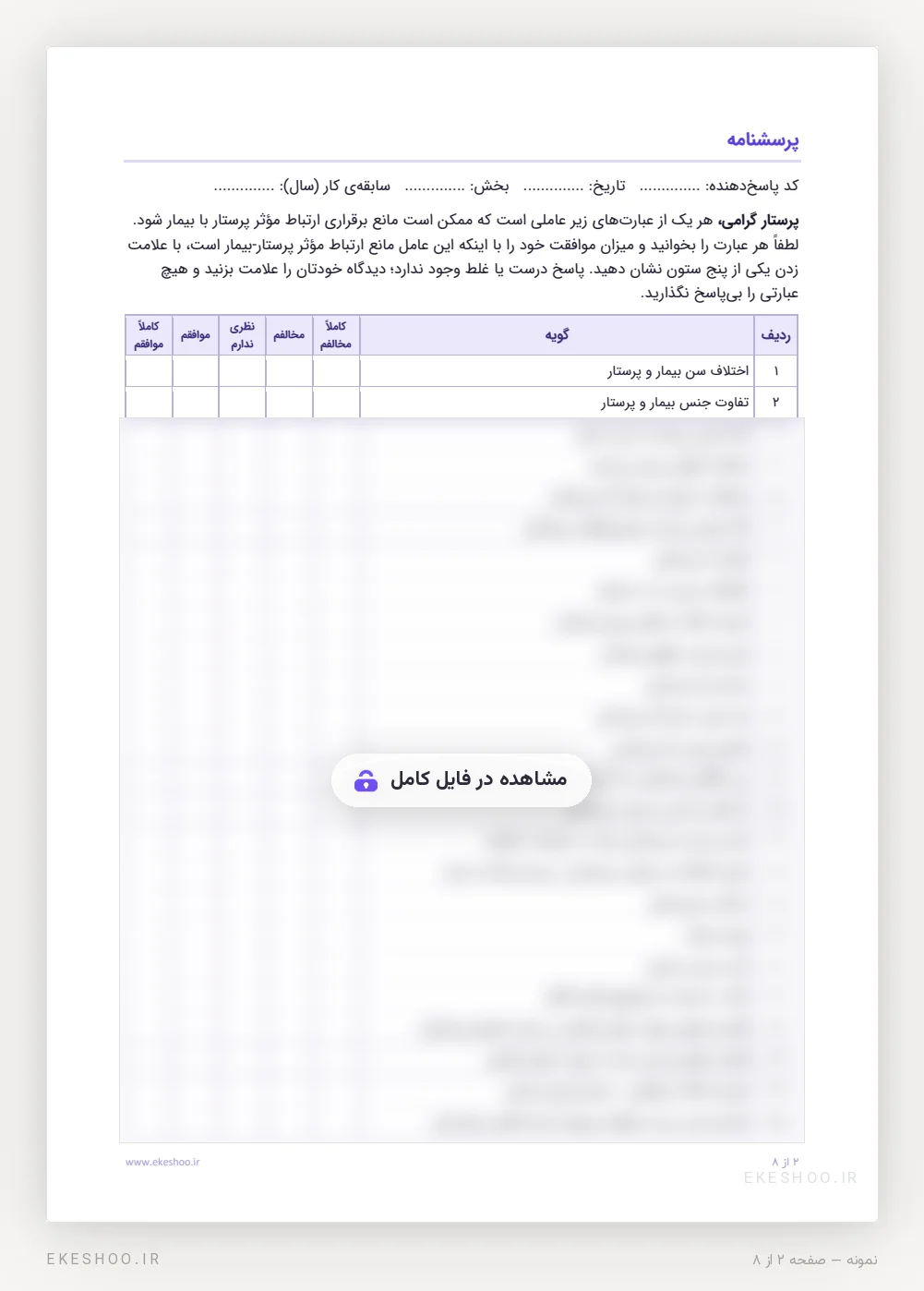 فرم پاسخ‌گویی پرستار با سطر مشخصات، دستورالعمل و جدول ۳۰ گویه با پنج ستون از کاملاً مخالفم تا کاملاً موافقم