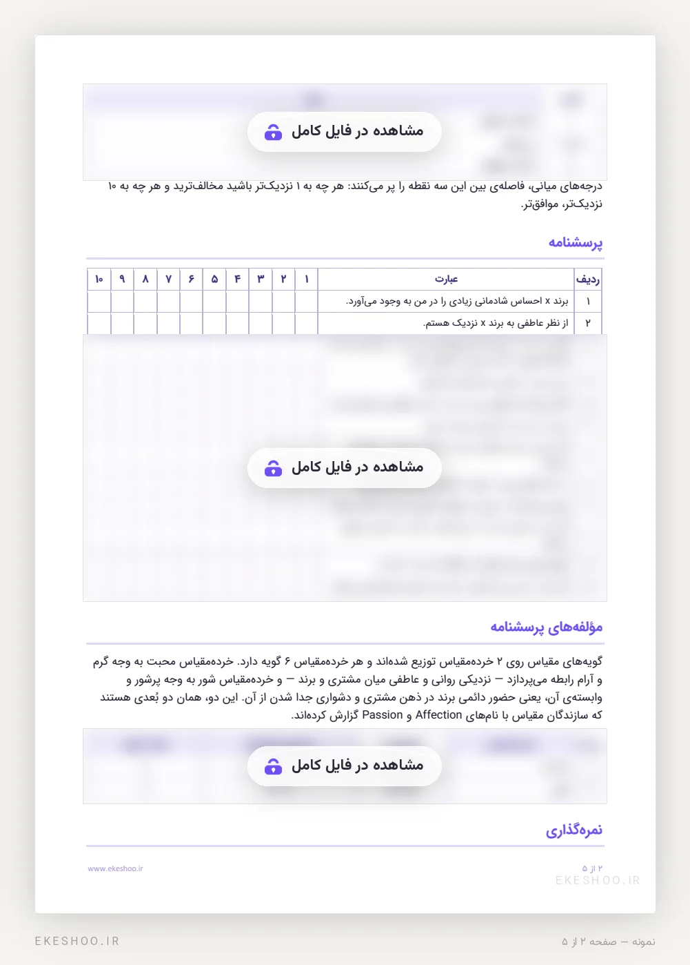 جدول ۱۲ گویه با ده ستون پاسخ و جدول دو خرده‌مقیاس پرسشنامه عشق به برند