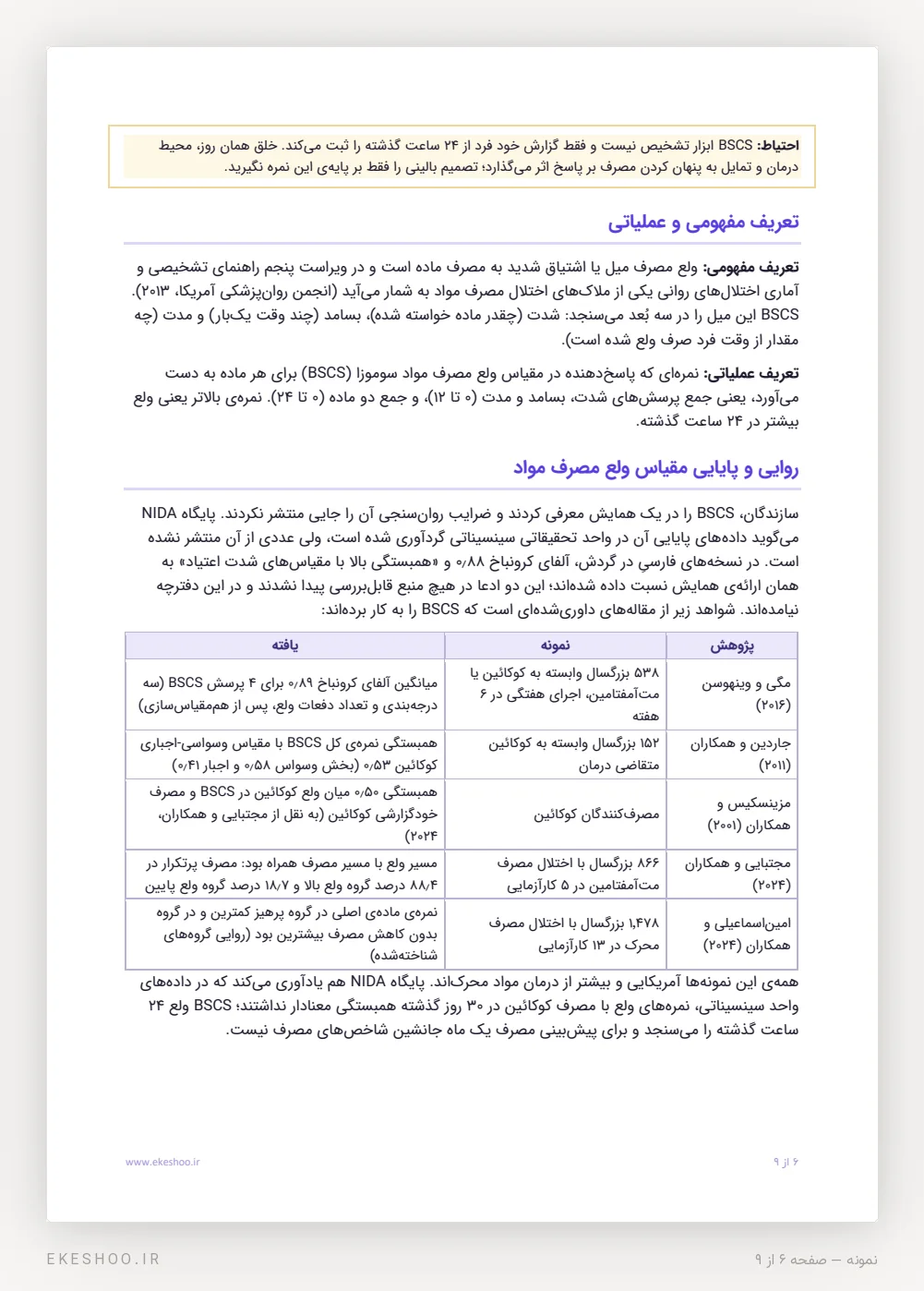 تعریف مفهومی و عملیاتی و جدول روایی و پایایی مقیاس ولع مصرف مواد BSCS