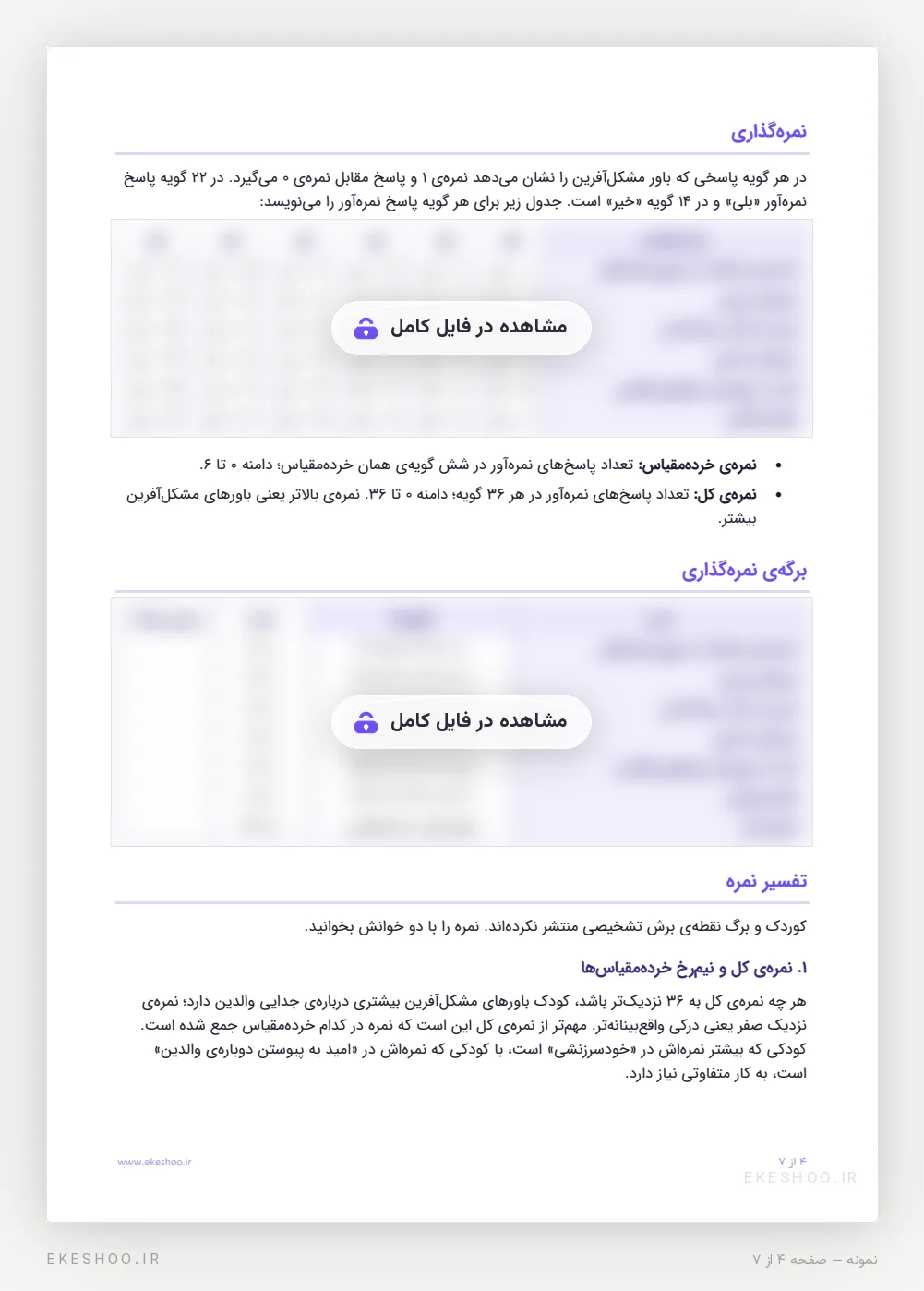 کلید نمره‌گذاری، برگه‌ی نمره‌ی شش خرده‌مقیاس و راهنمای تفسیر پرسشنامه CBAPS