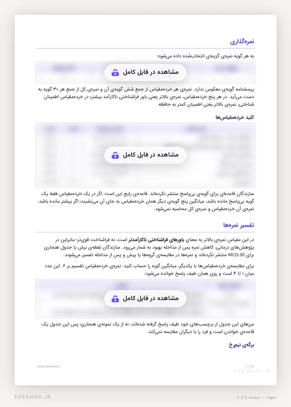 نمره‌گذاری و کلید خرده‌مقیاس‌های پرسشنامه فراشناخت ولز MCQ-30