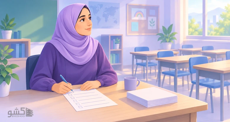 معلمی پس از کلاس پشت میزش برگه‌ی درجه‌بندی رفتار کودک را پر می‌کند؛ پرسشنامه کانرز فرم معلم
