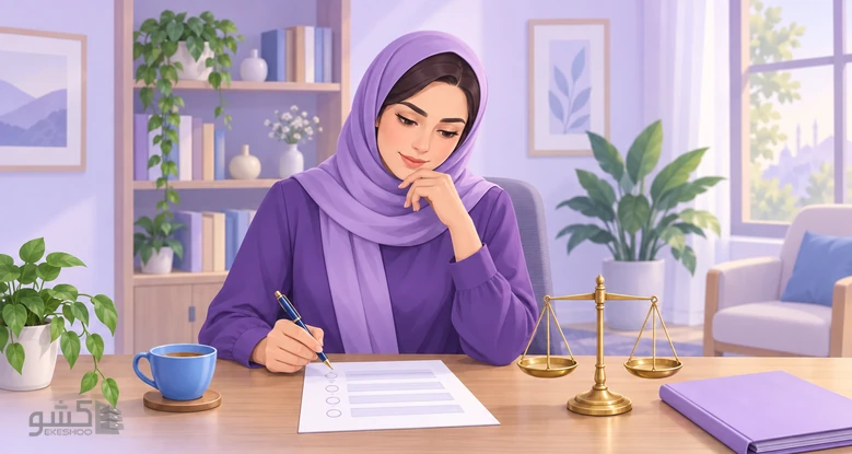 مشاوری پشت میز کنار ترازوی متعادل، هنگام پر کردن فرم درباره‌ی کار خودش مکث می‌کند؛ پرسشنامه رابطه اخلاقی مراجع و مشاور