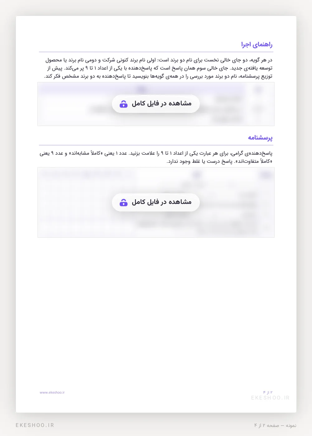 راهنمای اجرا، طیف نه‌درجه‌ای و جدول پنج گویه‌ی پرسشنامه تشابه برند