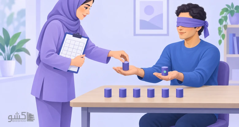 آزمایشگر وزنه‌ای را روی کف دست آزمودنی چشم‌بسته می‌گذارد؛ اجرای آزمایش آستانه اختلافی با روش حدود