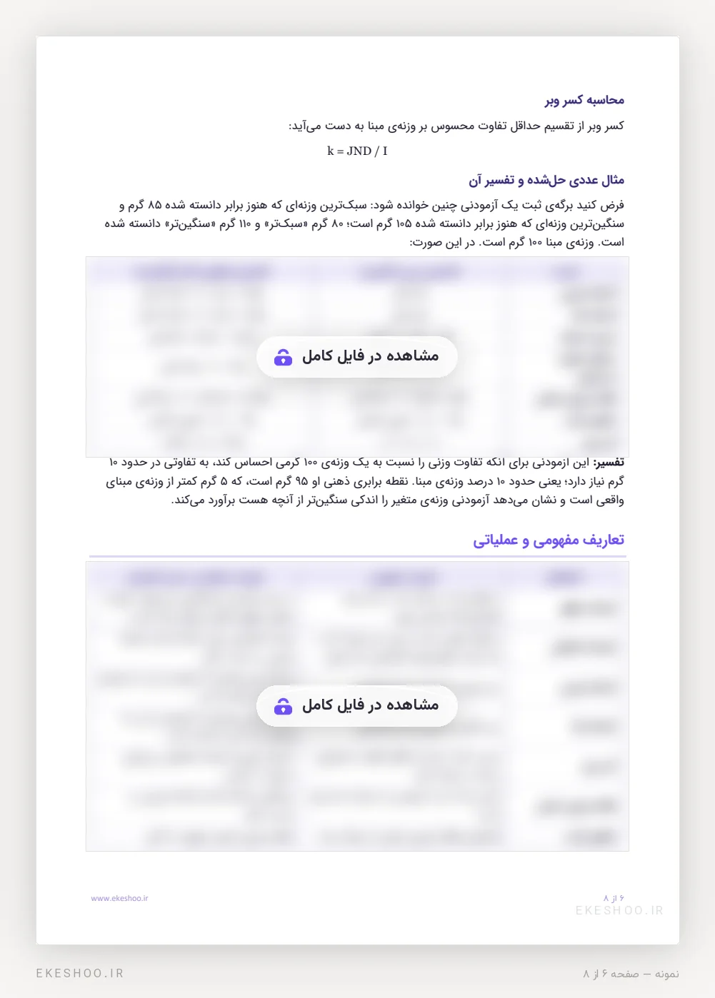 محاسبه‌ی کسر وبر، مثال عددی حل‌شده و تعاریف مفهومی و عملیاتی آزمایش آستانه اختلافی