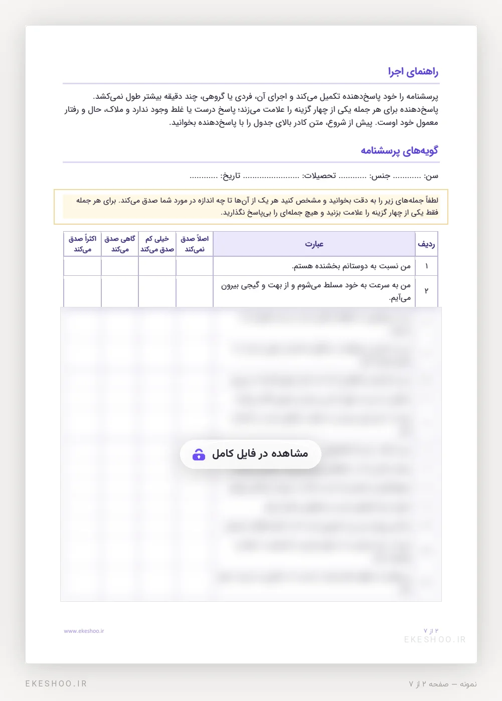 راهنمای اجرا و فرم ۱۴ گویه‌ای ER89 با طیف چهاردرجه‌ای «اصلاً صدق نمی‌کند» تا «اکثراً صدق می‌کند»