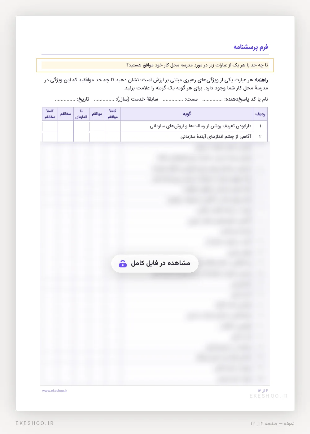 فرم پاسخ ۶۶ گویه با دستور اجرا، سطر راهنما و پنج گزینه از کاملاً موافقم تا کاملاً مخالفم