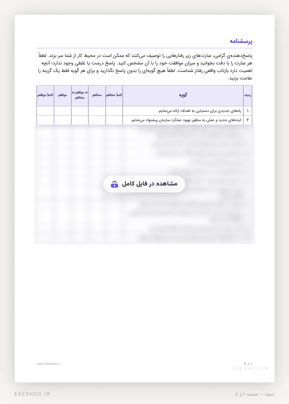 فرم ۱۳ گویه‌ای خلاقیت کارکنان با طیف پنج‌گزینه‌ای از کاملاً مخالفم تا کاملاً موافقم