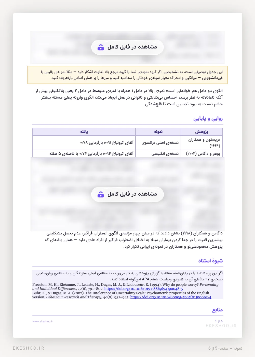 جدول روایی و پایایی و شیوه‌ی استناد به پرسشنامه عدم تحمل بلاتکلیفی