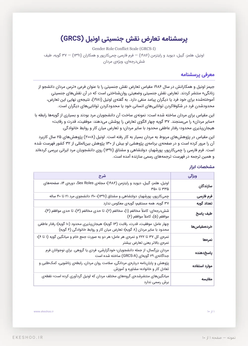 معرفی و جدول مشخصات پرسشنامه تعارض نقش جنسیتی اونیل با چهار عامل و طیف پاسخ