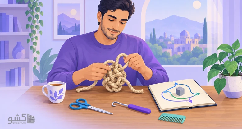 مردی آرام گره طناب را با ابزارهای مختلف باز می‌کند؛ خودکارآمدی عمومی و یافتن چند راه‌حل