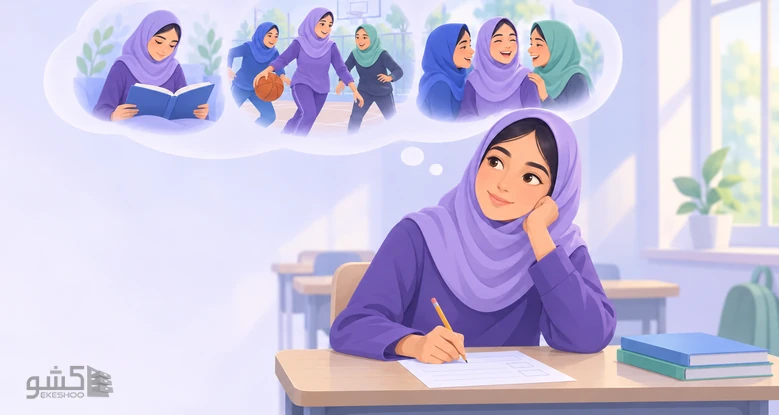 دانش‌آموزی پشت میز به درس، ورزش و دوستانش فکر می‌کند؛ چهار حوزه‌ی پرسشنامه ادراک شایستگی هارتر