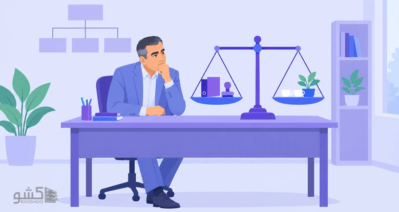 مدیری پشت میز به ترازوی زونکن و مهر در برابر فنجان‌های چای می‌نگرد؛ سبک ضابطه‌مدار و رابطه‌مدار در پرسشنامه سبک مدیریت حسنی