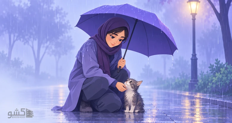 زنی زیر باران چترش را روی بچه‌گربه‌ای خیس گرفته است؛ دغدغه‌ی همدلانه در پرسشنامه همدلی دیویس