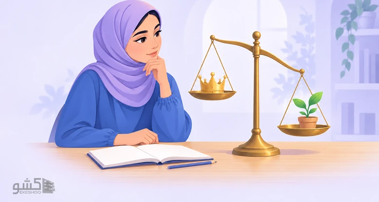زنی جوان کنار ترازویی که تاج و نهال را می‌سنجد؛ پرسشنامه تکبر ـ تواضع اسلامی
