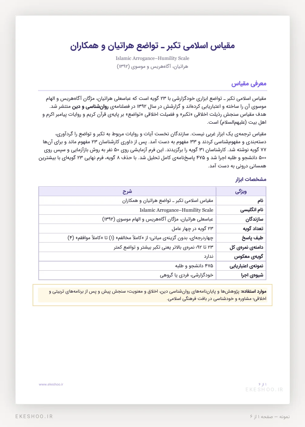 معرفی، مراحل ساخت و جدول مشخصات مقیاس اسلامی تکبر ـ تواضع هراتیان