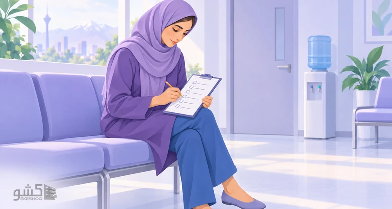 زنی در سالن انتظار درمانگاه برگه‌ی ارزیابی ویزیت را پر می‌کند؛ درک بیمار از همدلی پزشک