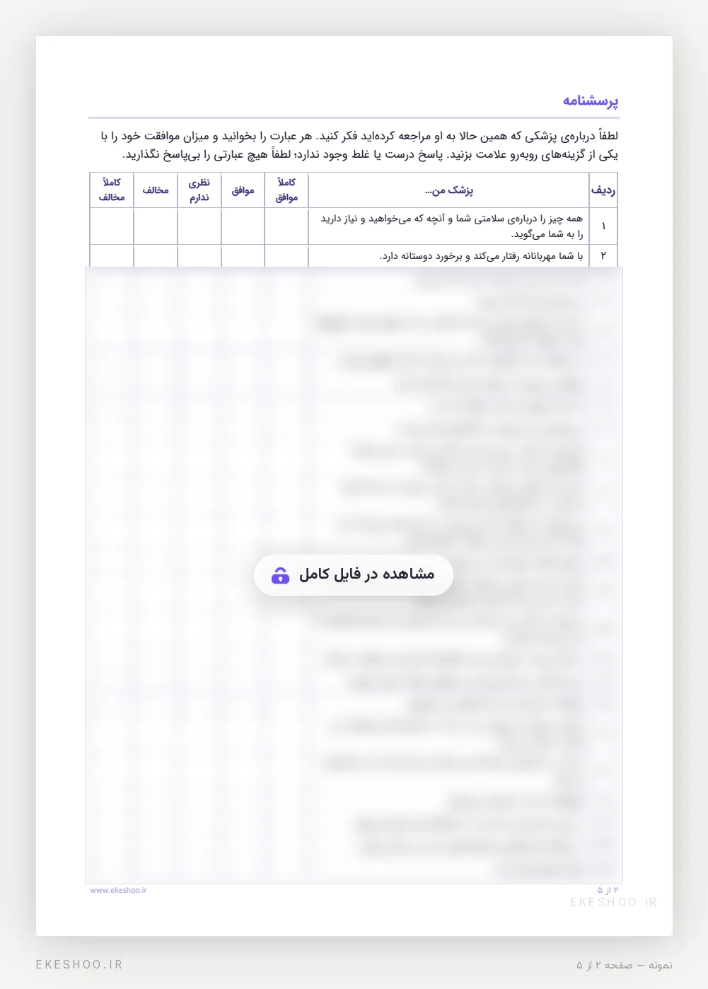 جدول ۲۴ گویه‌ی پرسشنامه درک بیمار از همدلی پزشک با پنج ستون پاسخ از کاملاً موافق تا کاملاً مخالف