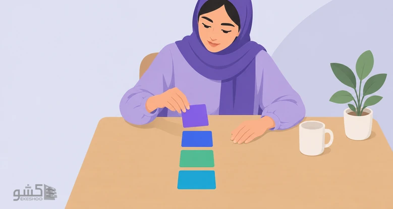 زنی چهار کارت رنگی را روی میز رتبه‌بندی می‌کند؛ رتبه‌بندی پایان‌ها در پرسشنامه سبک‌های یادگیری کلب