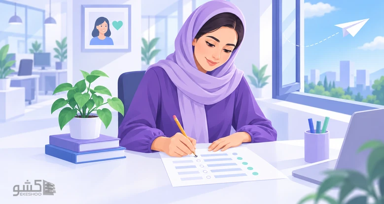 کارمندی پشت میز که پرسشنامه مشتری، کارآفرینی و یادگیری را دربارهی سازمان خود پر میکند