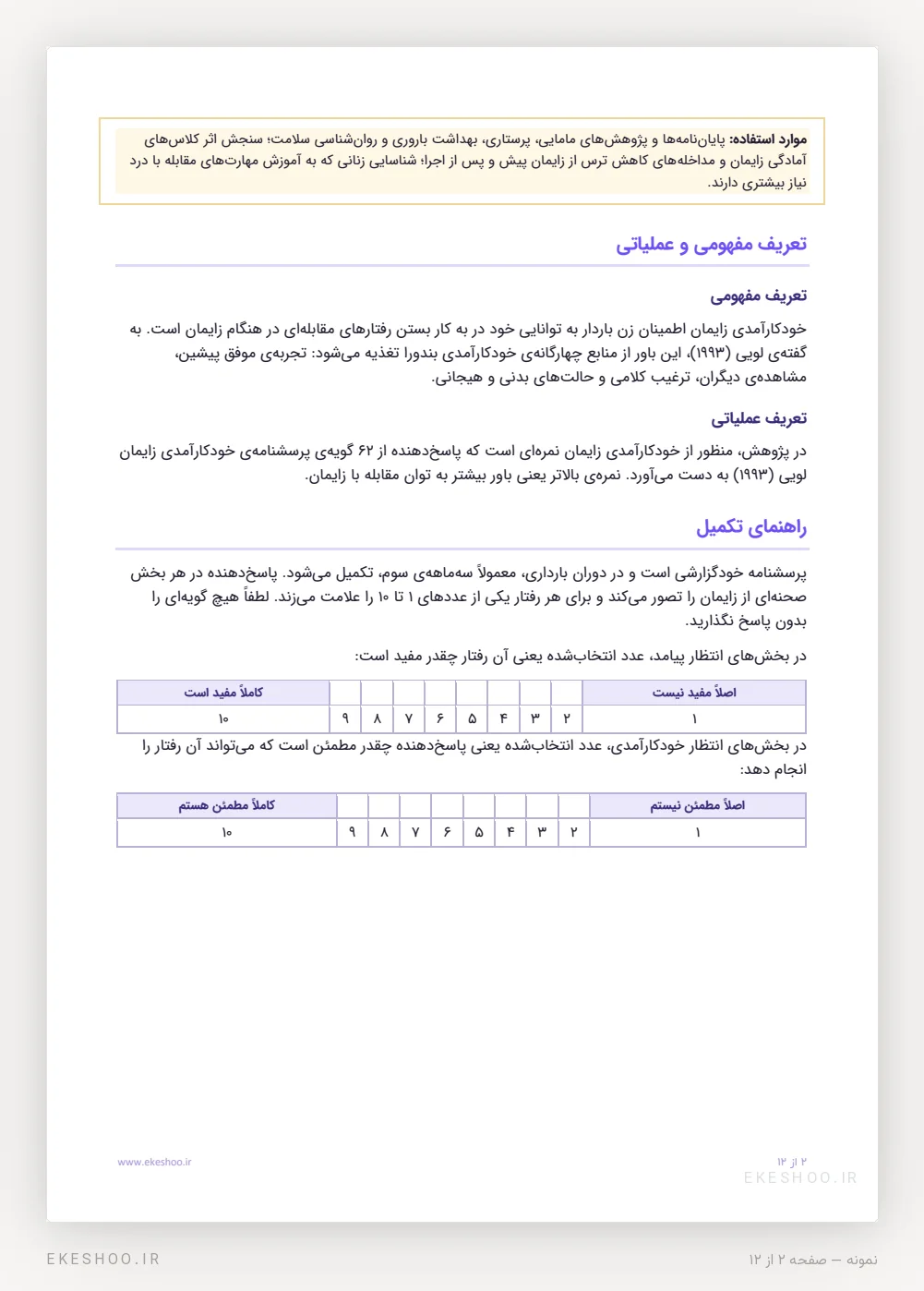 تعریف مفهومی و عملیاتی و دو طیف پاسخ ۱ تا ۱۰ پرسشنامه خودکارآمدی زایمان