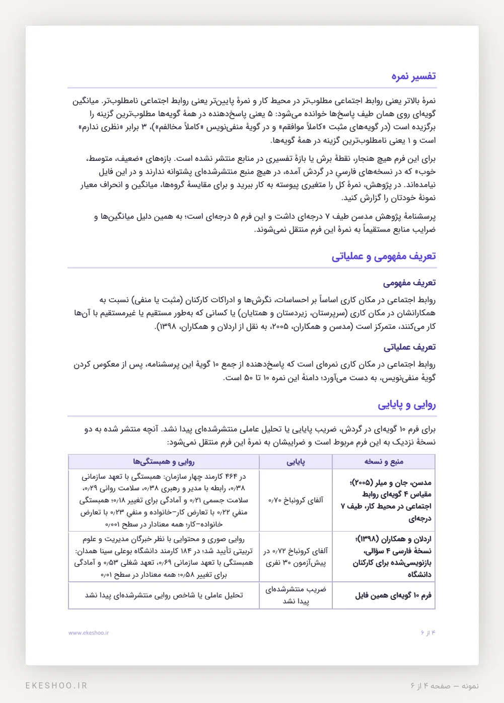 تفسیر نمره، تعریف مفهومی و عملیاتی و جدول روایی و پایایی با آلفا و همبستگی‌های دو پژوهش منبع