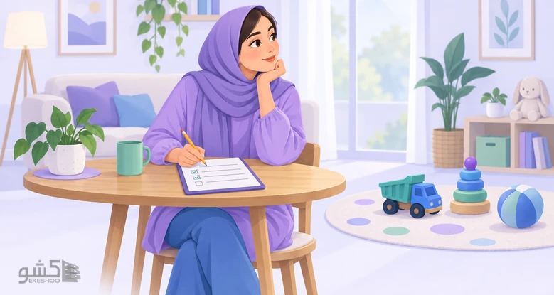 مادری پشت میز برگه‌ی بلی و خیر رفتار کودکش را پر می‌کند؛ غربالگری با پرسشنامه اتیسم کودکان نوپا M-CHAT