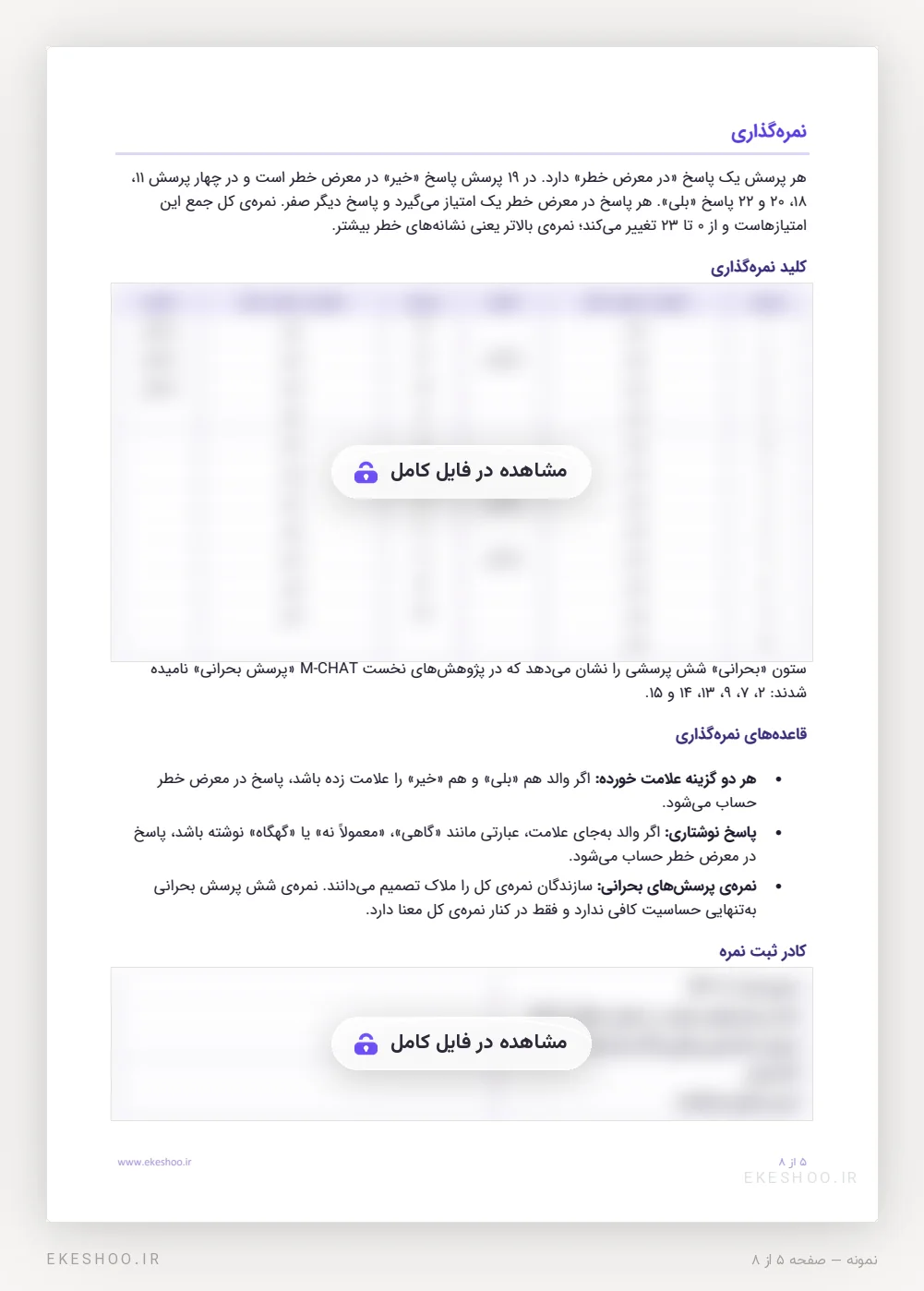 بخش نمره‌گذاری، کلید و کادر ثبت نمره‌ی پرسشنامه اتیسم کودکان نوپا روبینز