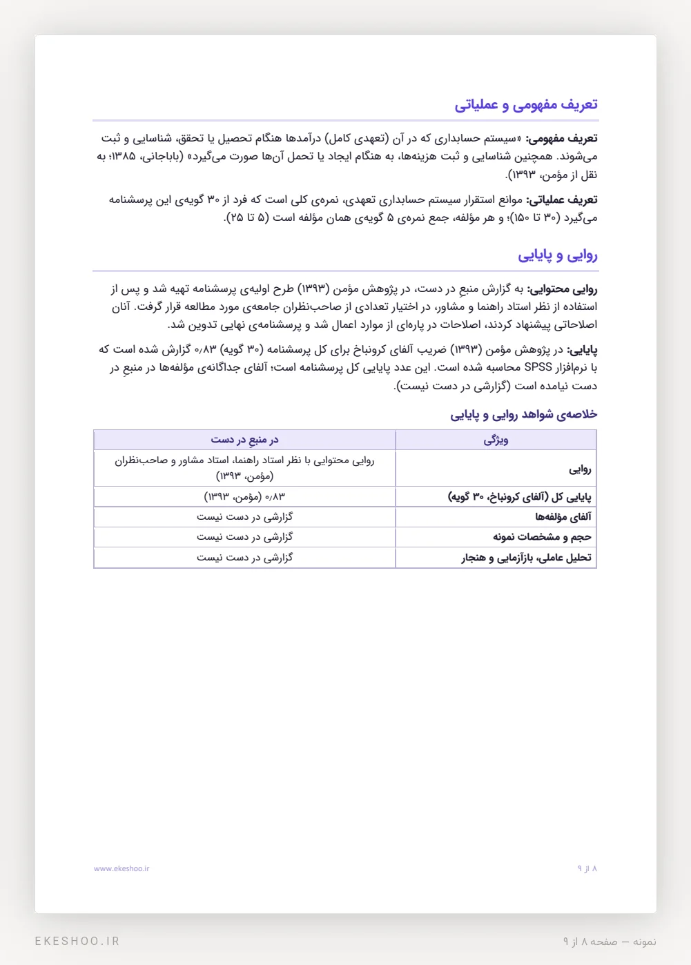 تعریف مفهومی و عملیاتی، روایی محتوایی، آلفای کرونباخ ۰٫۸۳ در پژوهش مؤمن و جدول خلاصهٔ شواهد روایی و پایایی
