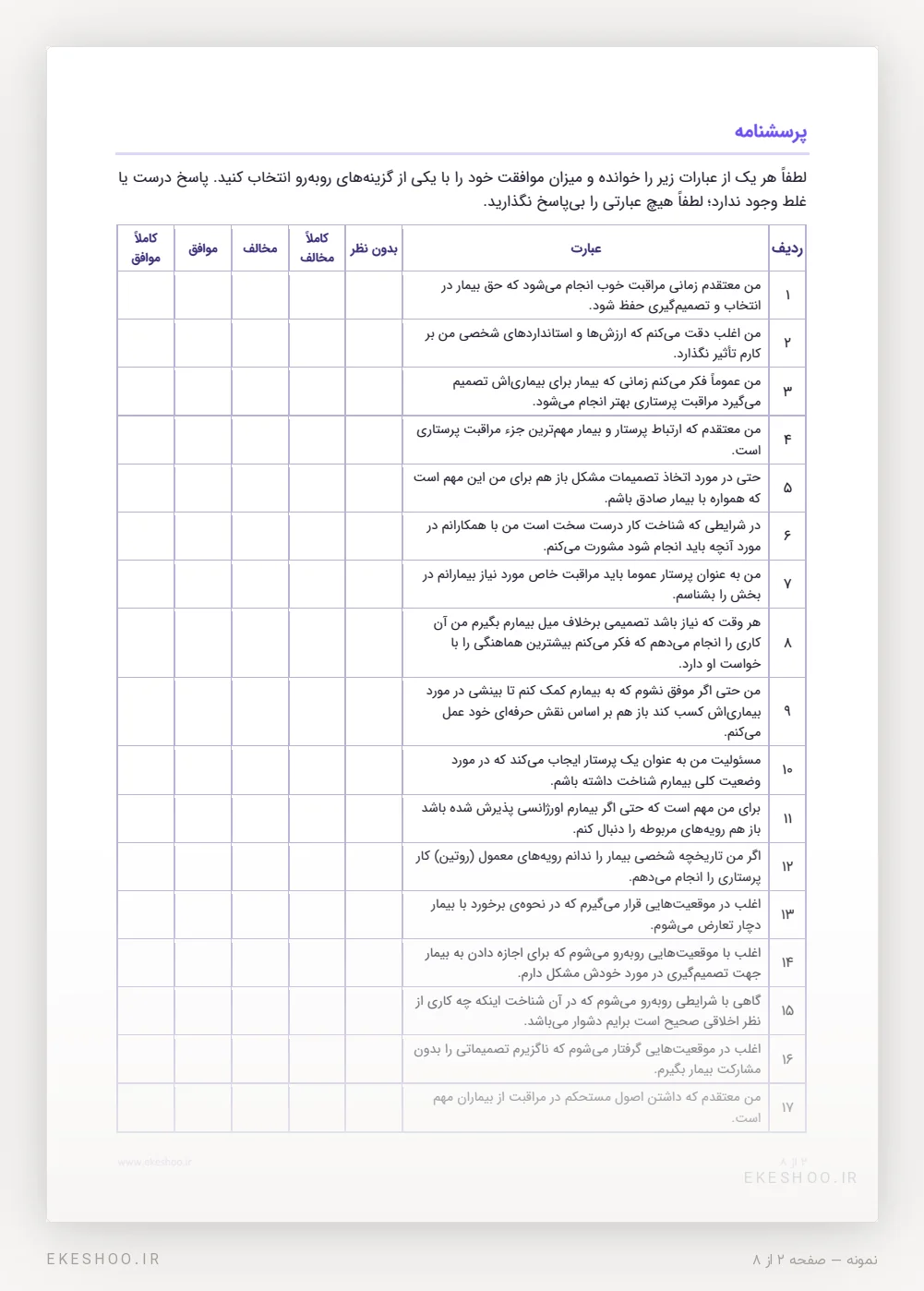 جدول گویه‌های پرسشنامه حساسیت اخلاقی لوتزن با پنج ستون پاسخ از بدون نظر تا کاملاً موافق
