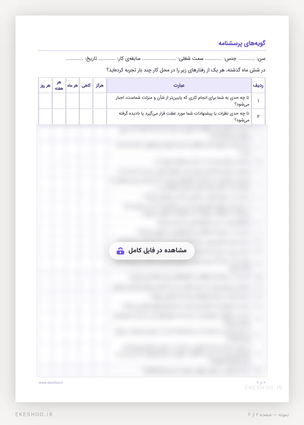 فرم 22 گویه‌ای پرسشنامه قلدری در محیط کار با طیف فراوانی هرگز تا هر روز