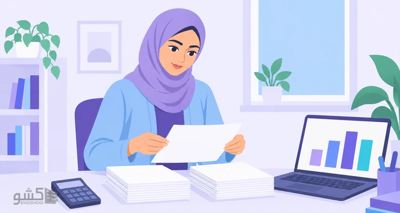 پژوهشگر پرستاری که برگه‌های پاسخ را کنار ماشین‌حساب و نمودار دسته‌بندی می‌کند؛ اعتباریابی پرسشنامه تصمیم‌گیری بالینی لوری