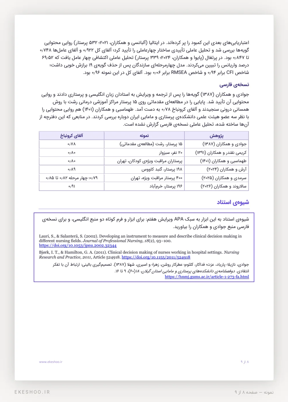 جدول آلفای کرونباخ پژوهش‌های ایرانی و کادر شیوه‌ی استناد پرسشنامه تصمیم‌گیری بالینی لوری