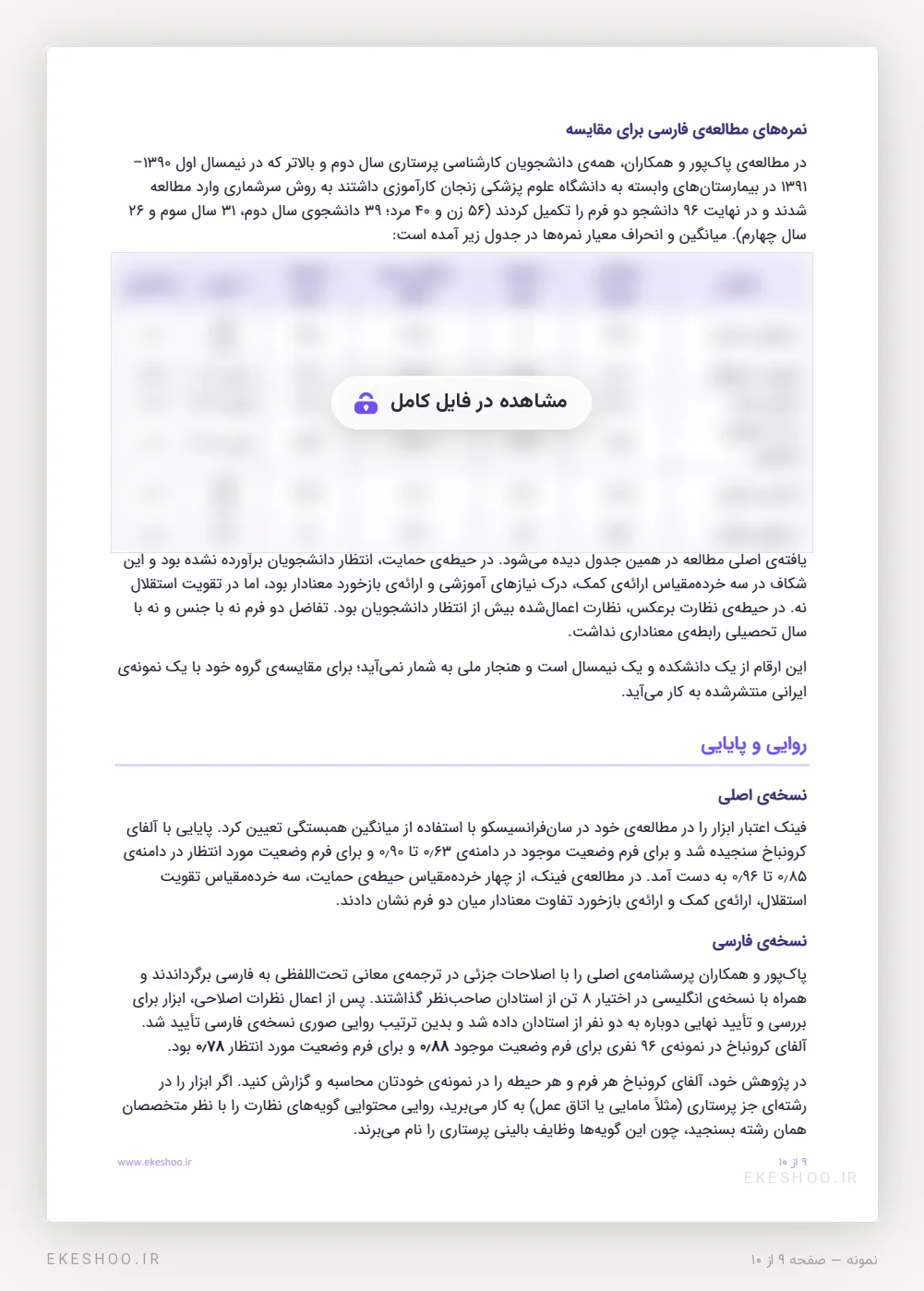 میانگین‌های مطالعه‌ی فارسی زنجان و روایی و پایایی پرسشنامه حمایت و نظارت درک شده فینک