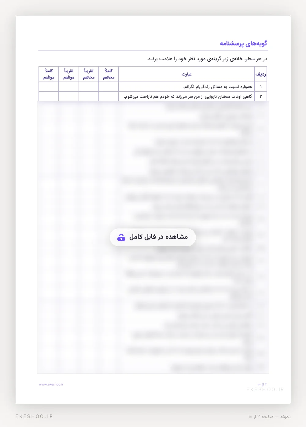 جدول ۶۰ گویه‌ی پرسشنامه پایبندی مذهبی با چهار ستون پاسخ از کاملاً مخالفم تا کاملاً موافقم