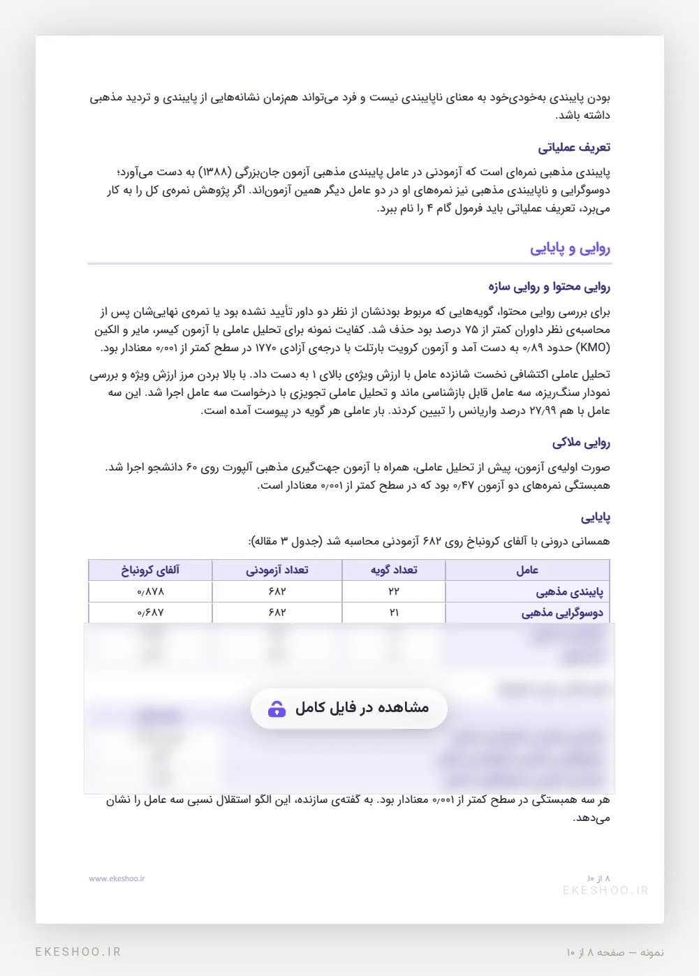 تعریف عملیاتی، روایی محتوا و ملاکی و آلفای کرونباخ سه عامل پرسشنامه پایبندی مذهبی
