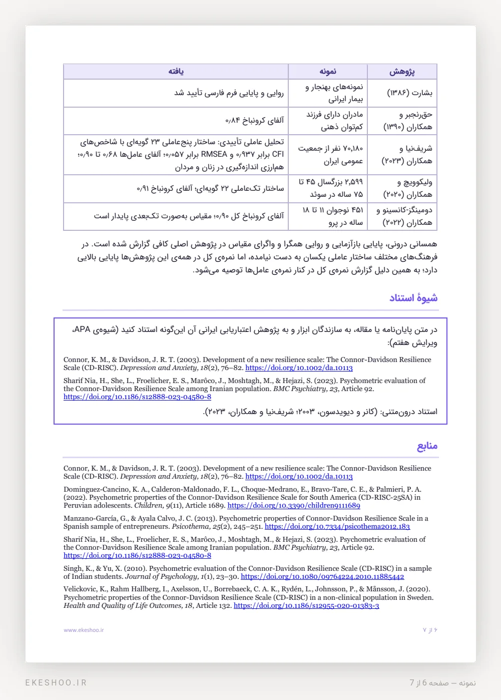 جدول روایی و پایایی و شیوه‌ی استناد در دفترچه‌ی پرسشنامه تاب‌آوری کانر و دیویدسون