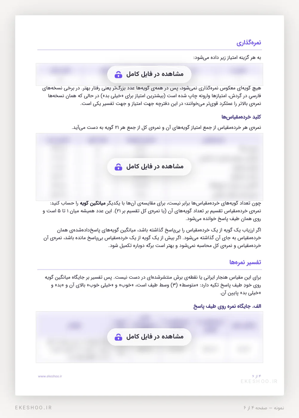 جدول امتیاز گزینه‌ها، کلید پنج خرده‌مقیاس و جدول خوانش میانگین گویه در پرسشنامه عملکرد فروشندگان