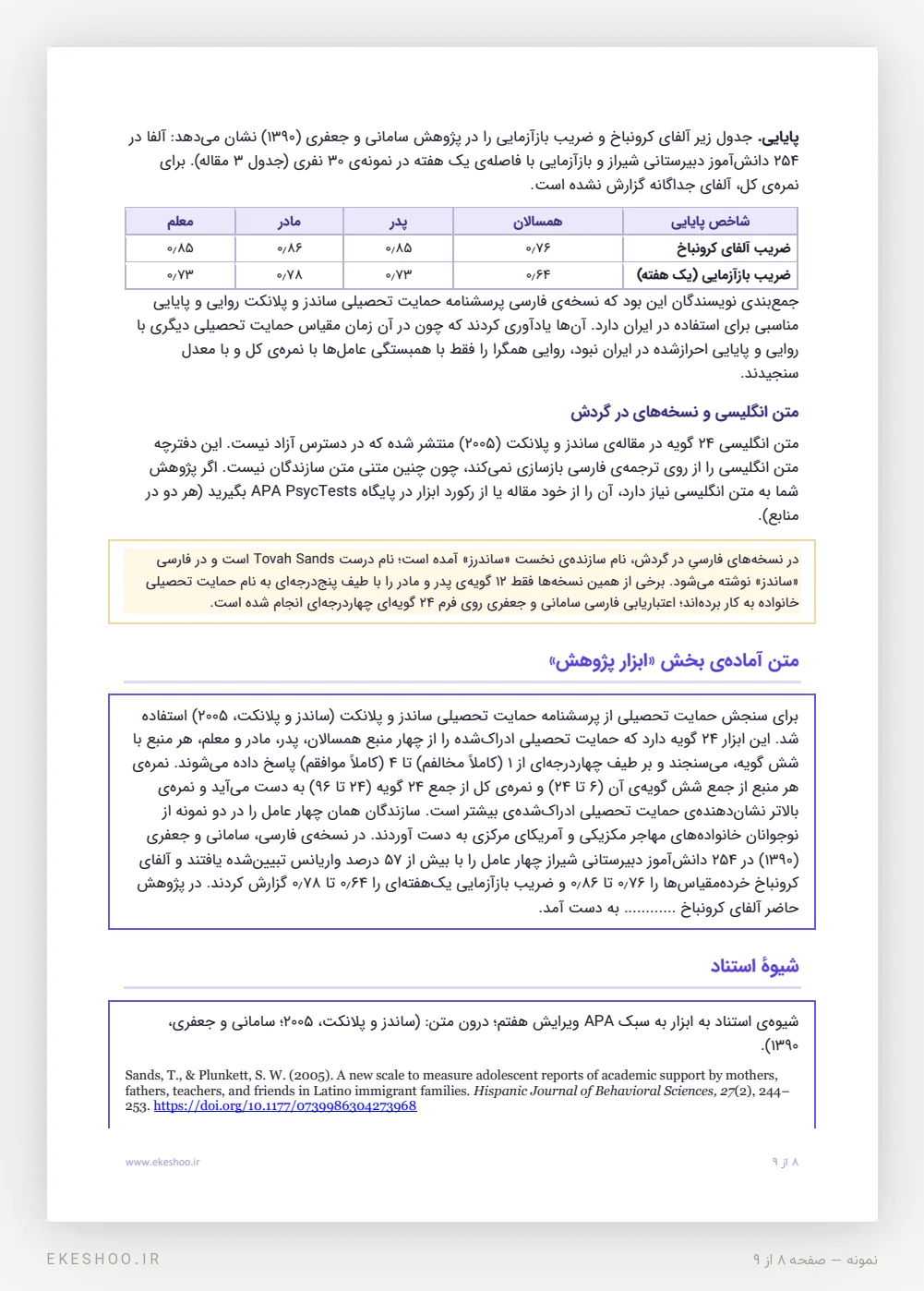 جدول پایایی نسخه‌ی فارسی، متن ابزار پژوهش و شیوه‌ی استناد پرسشنامه حمایت تحصیلی ساندز و پلانکت