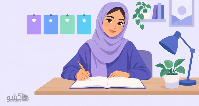 دختری با روسری پشت میز درس و چهار کارت رنگی روی دیوار؛ پرسشنامه حمایت تحصیلی ساندز و پلانکت