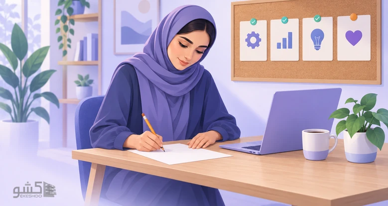 زن جوانی پشت میز برگه‌ی خودسنجی را پر می‌کند؛ چهار کارت مؤلفه‌ی پرسشنامه مهارت‌های کارآفرینی روی تابلو