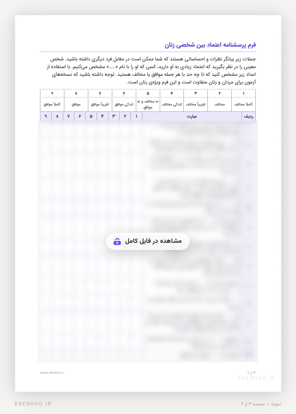 دستور اجرا و راهنمای طیف نُه‌درجه‌ای فرم ۱۳ گویه‌ای اعتماد بین شخصی زنان