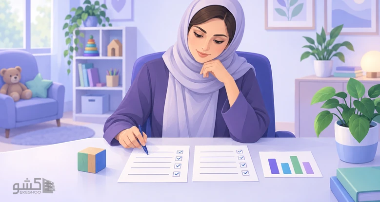 روانشناس کودک در اتاق درمان دو فرم پرشده را کنار نمودار ساده مقایسه میکند؛ روایی پرسشنامه اضطراب کودکان اسپنس