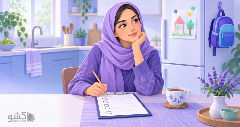 مادری پشت میز آشپزخانه، با مداد روی برگه، رفتار فرزندش را به یاد میآورد؛ پرسشنامه اضطراب کودکان اسپنس نسخه والدین