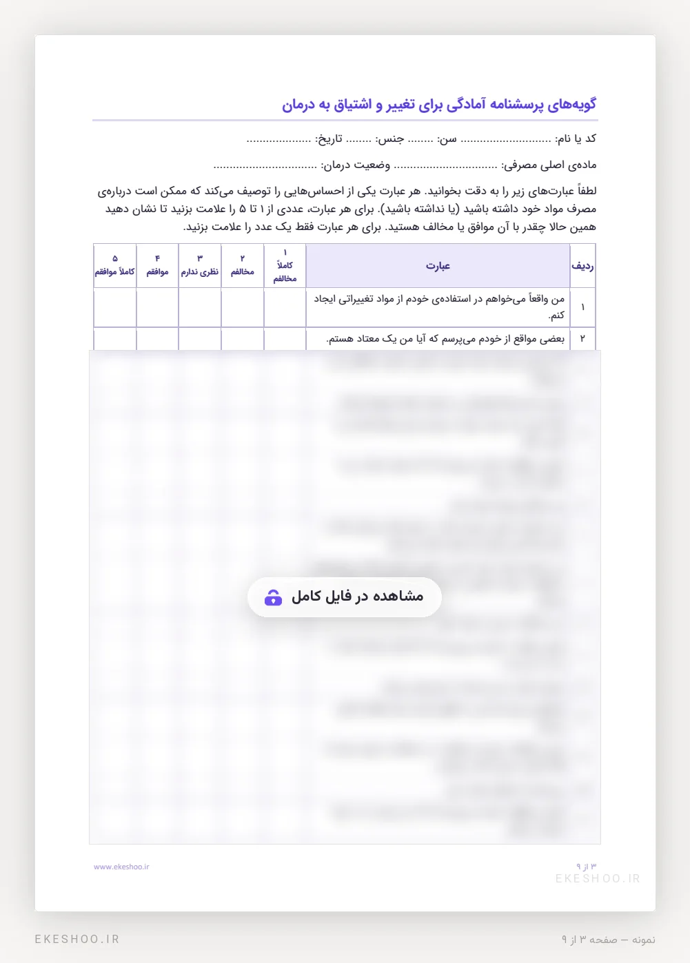 فرم فارسی ۱۹ گویه‌ای با طیف پنج‌درجه‌ای و مشخصات پاسخ‌دهنده در مقیاس اشتیاق به درمان