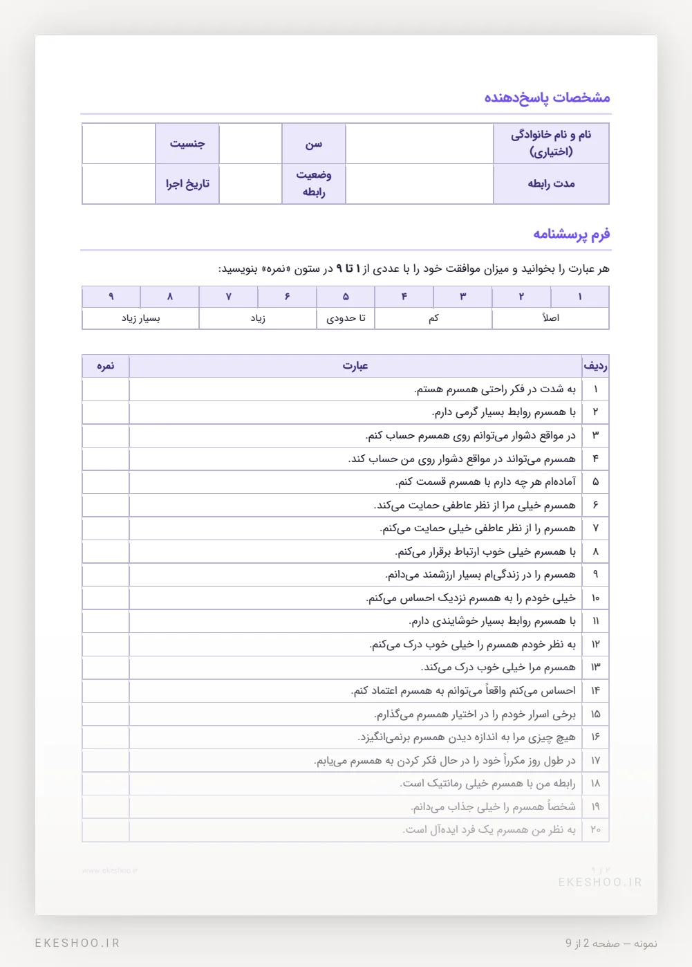 برگه‌ی مشخصات پاسخ‌دهنده و فرم 45 ماده‌ای مقیاس عشق مثلثی استرنبرگ